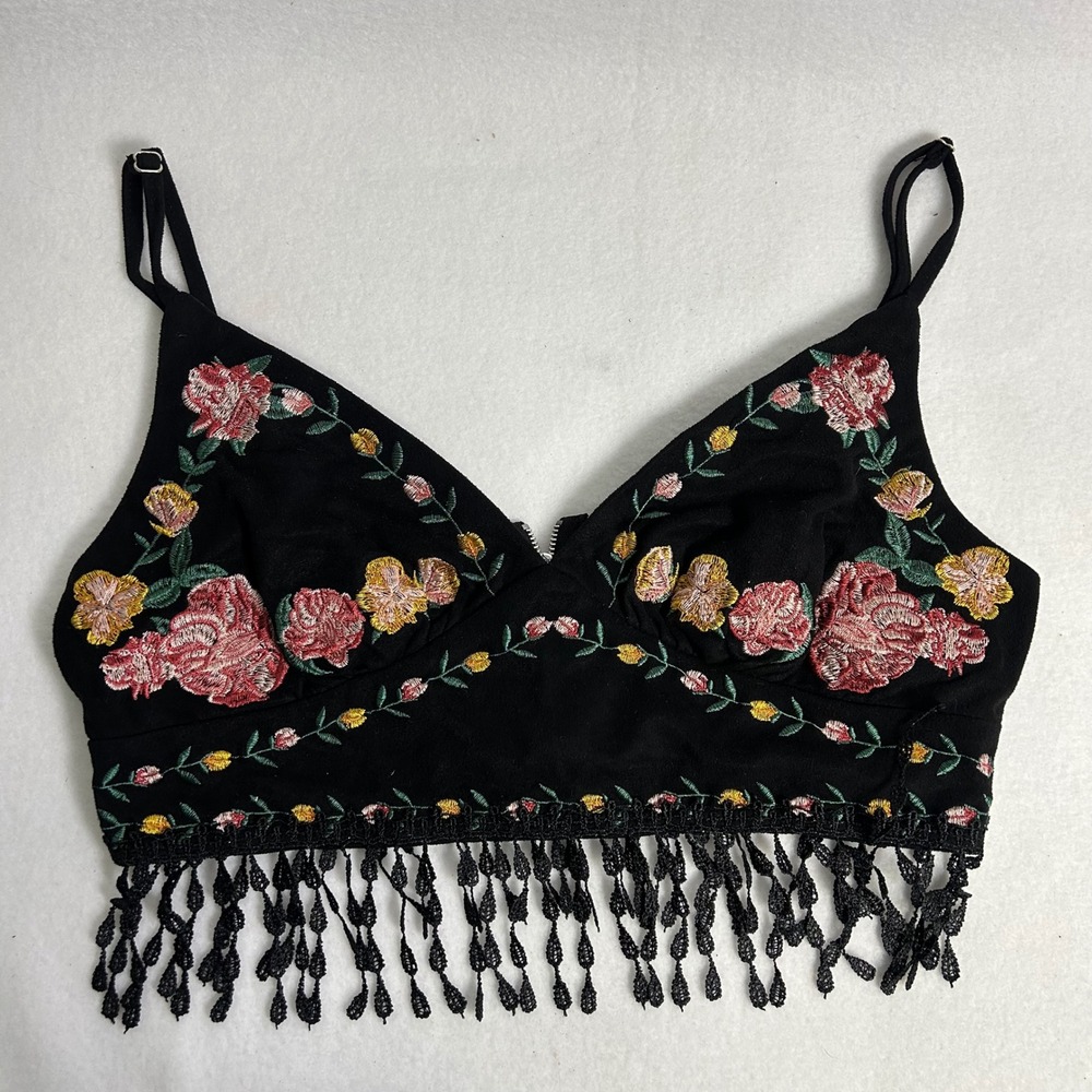 Boho Festival Women Medium Black Floral Embroidered Tassel Fringe Crop Top